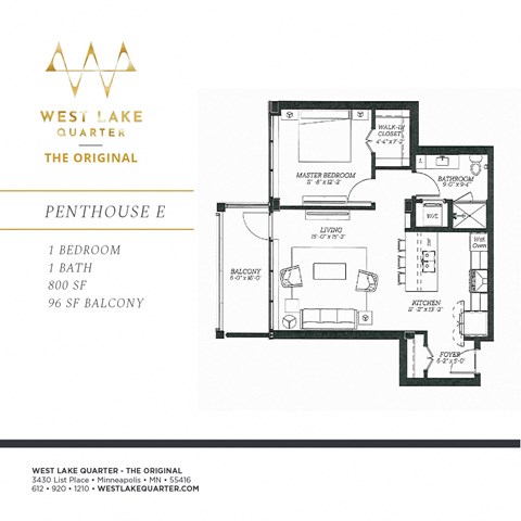 Floor plan for 1 bed, 1 bath, 800 sqft